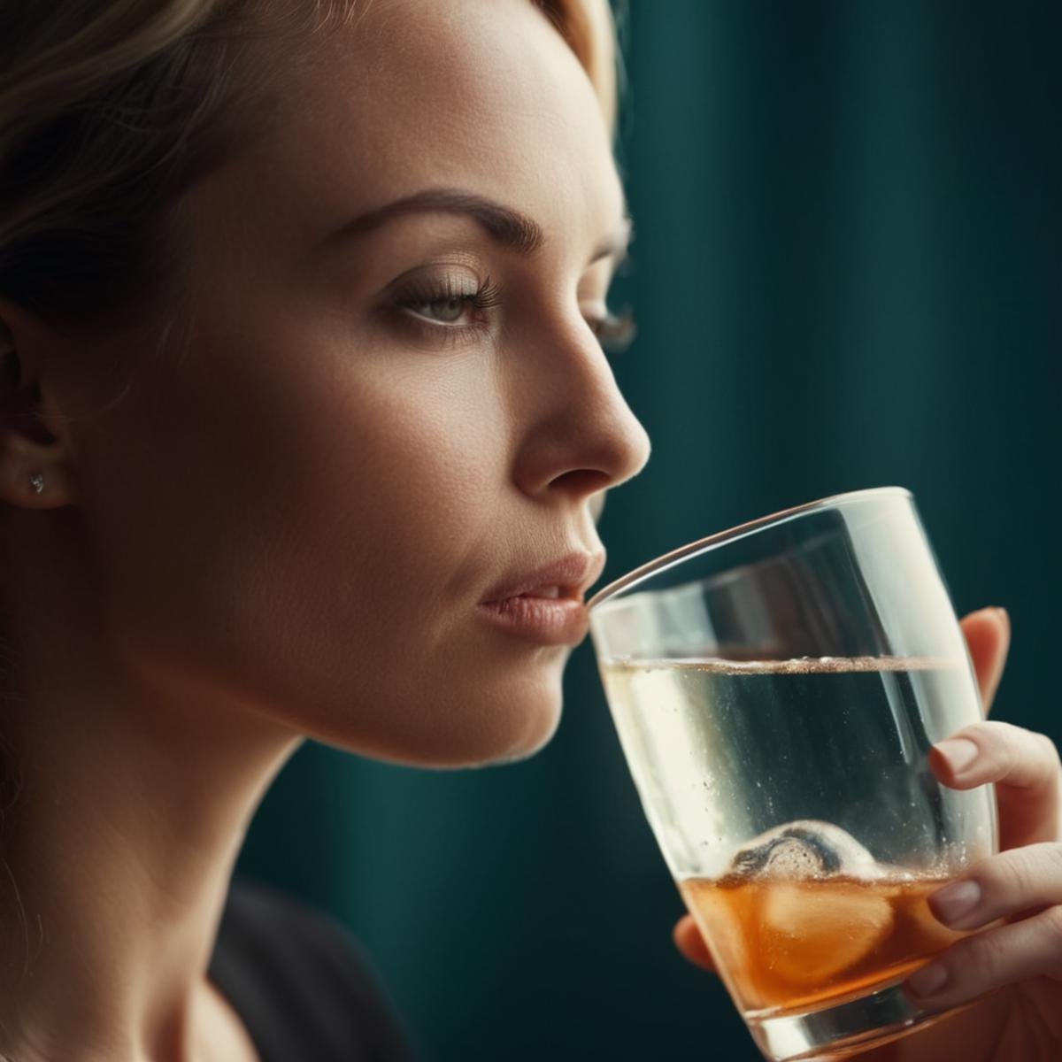 cinematic film still of  <lora:perfection style:0.1> <lora:detailed:0.3> <lora:Chiaroscuro Lighting Style:0.3> <lora:hand 4:0.3>A perfect detailed photo of a woman drinking a drink out of a glass, shallow depth of field, vignette, highly detailed, high budget, bokeh, cinemascope, moody, epic, gorgeous, film grain, grainy