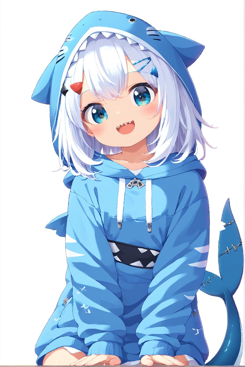 score_9_up, score_8_up, score_7_up, source_anime, 1girl, beautiful detailed eyes, ((masterpiece,best quality)), solo, ((gawr gura)), virtual youtuber, gawr gura 1st costume, sharp teeths, medium hair, white hair, hair ornament, ((hood up)), blue hoodie, shark tail, smile, curvy, head tilt