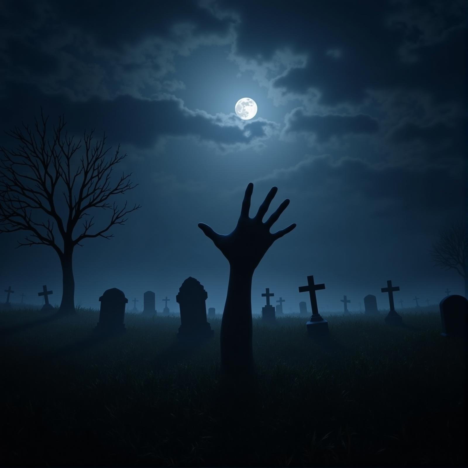 <lora:hand v1:1>A cinematic detailed image of a zombie hand rising out of a graveyard in the dark at night, horror movie themed, no humans, night cloudy sky, cross, scenery, full moon, bare tree, tombstone, graveyard, grass, grave, fog