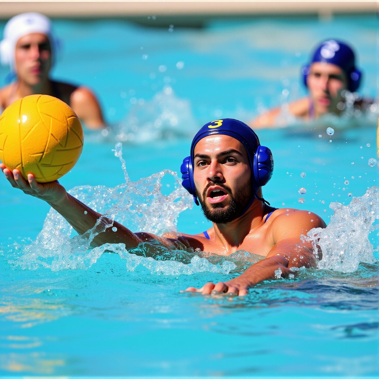 cinematic film still  <lora:hand v1:1>A cinematic detailed image of a group of men playing water polo in a pool, movie themed, sharp, detailed background, epic cinematic photography, artistic style, dramatic light style, cinematic color style, Kodak 35mm film style, detailed style, hand focus style, male focus, outdoors, multiple boys, day, water, ocean, dark-skinned male, 3boys, goggles, ball, partially submerged, realistic, pool, beachball, splashing, black hair, dark skin, muscular, facial hair, parody, muscular male, beard, bandana, holding ball, swimming, buzz cut, swim cap, open mouth, short hair, sky, pectorals, helmet, topless male, very short hair, toned male, tanigaki genjirou . shallow depth of field, vignette, highly detailed, high budget, bokeh, cinemascope, moody, epic, gorgeous, film grain, grainy