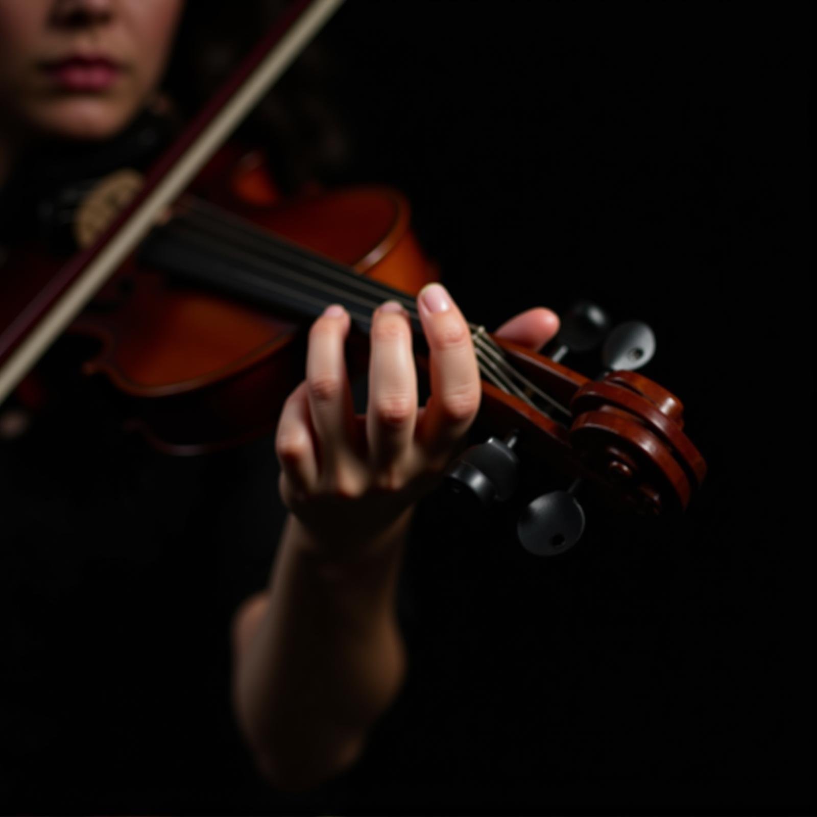 <lora:hand v1:1>A cinematic detailed image of a woman playing a violin on a black background with both her hands, movie themed, sharp, detailed background, epic cinematic photography, artistic style, dramatic light style, cinematic color style, Kodak 35mm film style, detailed style, hand focus style, solo, simple background, 1boy, holding, male focus, black background, instrument, out of frame, realistic, music, playing instrument, holding instrument, violin, bow (music), fingernails, holding violin, photorealistic, hand focus