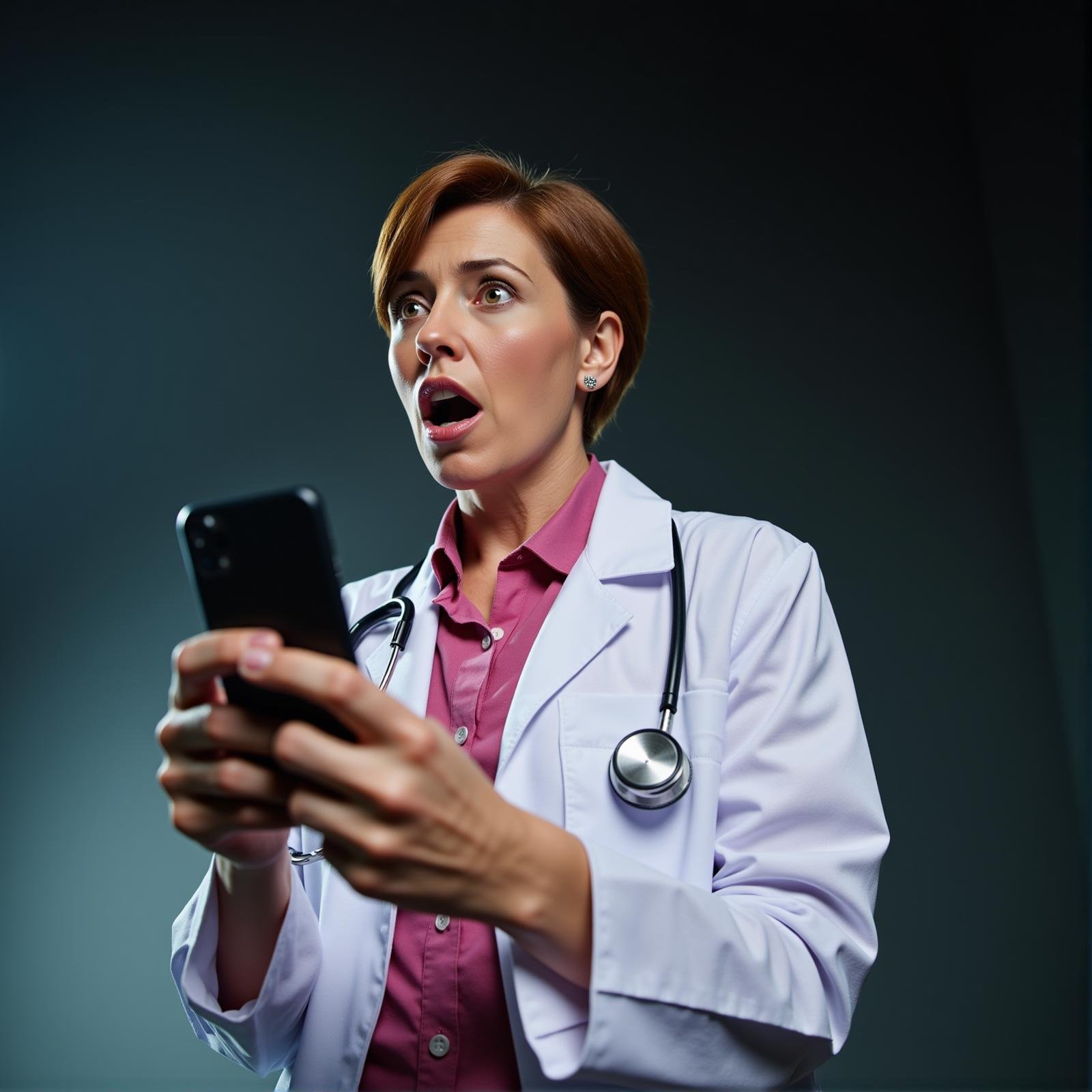 <lora:hand v1:1>A cinematic detailed image of a surprised dr. lynn awoman in a lab coat holding a cell phone while looking at it in surprise, movie themed, sharp, detailed background, epic cinematic photography, artistic style, dramatic light style, cinematic color style, Kodak 35mm film style, detailed style, hand focus style, 1girl, solo, short hair, open mouth, brown hair, shirt, holding, jewelry, upper body, earrings, teeth, tongue, lips, phone, cellphone, smartphone, holding phone, pink shirt, realistic, labcoat, stethoscope, unbuttoned, earphones, doctor, long sleeves, open clothes, collared shirt, lab coat, photorealistic