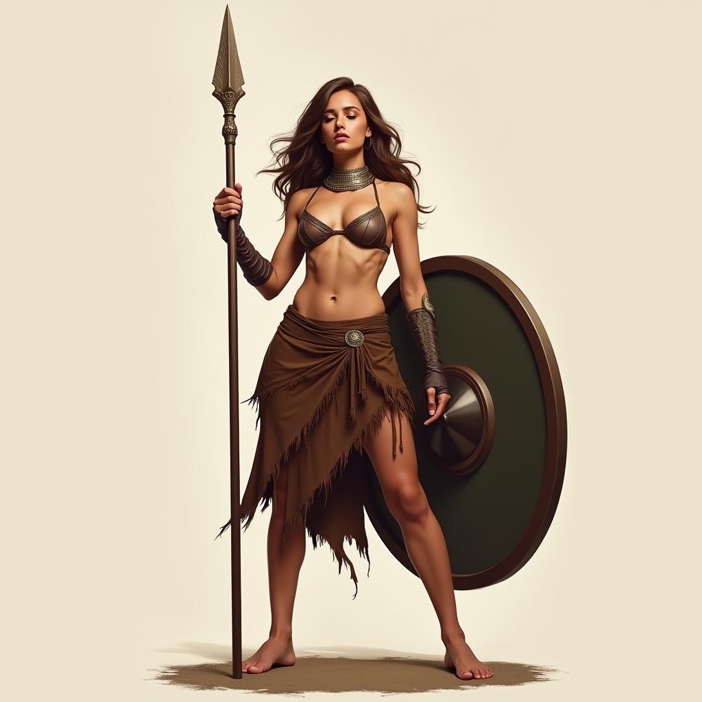 <lora:Hand v2:1>detailed edges, detailed image, perfection style, A detailed and A perfect photo of a woman in a leather skirt holding a shield and a spear, hand focus, cinematic hand, best hand, better hand, awesome hand, different hand, hand grip, 1girl, solo, long hair, breasts, simple background, brown hair, navel, holding, medium breasts, nipples, standing, full body, weapon, barefoot, holding weapon, topless, polearm, shield, spear, realistic, holding polearm, holding shield, perfection, different color, perfect color, realistic, realism, detailed background, perfect background, different background, perfect style, perfection style, detailed style, closed eyes, torn clothes, sarong, photorealistic