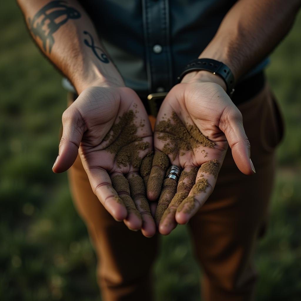 <lora:Hand v2:1>detailed edges, detailed image, perfection style, A cinematic detailed high angle from above image of a man with dirty hands and dirt on them, movie themed, sharp, detailed background, epic cinematic photography, artistic style, dramatic light style, cinematic color style, Kodak 35mm film style, detailed style, hand focus style, solo, shirt, 1boy, jewelry, male focus, outdoors, belt, pants, blurry, blurry background, ring, close-up, black belt, brown pants, multiple boys, 2boys, realistic, wedding ring, grass, yaoi, outstretched hand, hand focus