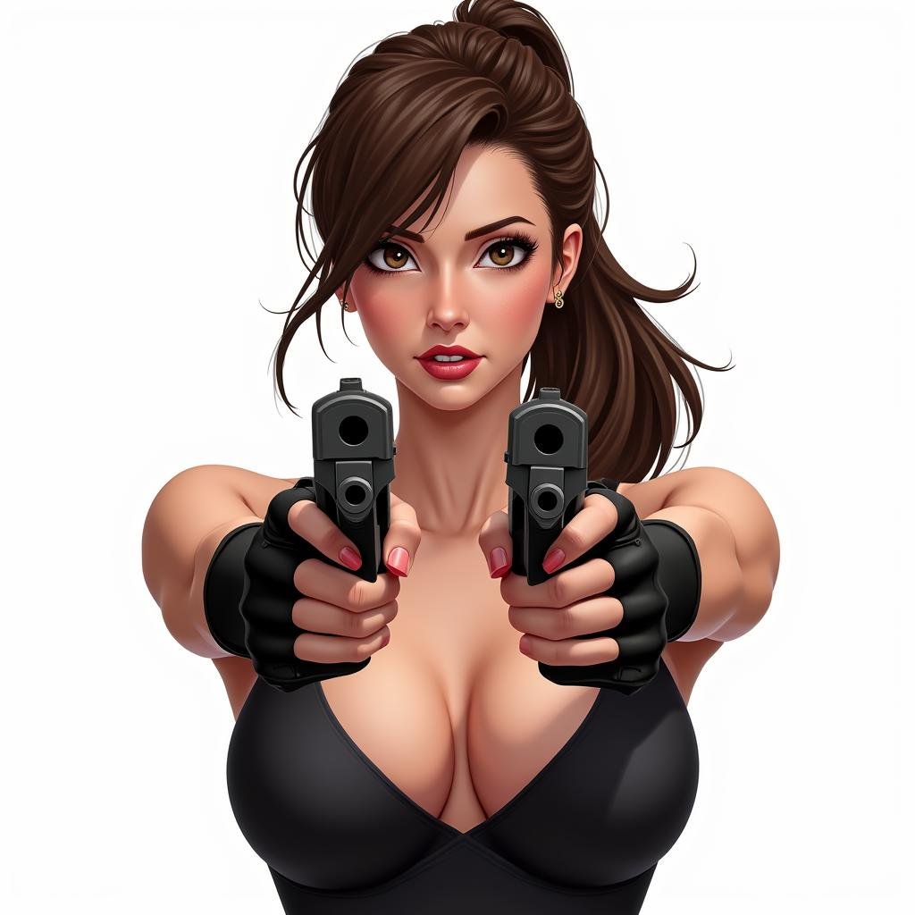 <lora:Hand v2:1>detailed edges, detailed image, perfection style, A perfect photo of a woman holding two guns in her hands, 1girl, solo, breasts, looking at viewer, large breasts, simple background, brown hair, gloves, white background, holding, cleavage, brown eyes, ponytail, weapon, fingerless gloves, holding weapon, lips, gun, blood, foreshortening, holding gun, handgun, dual wielding, realistic, finger on trigger, aiming at viewer, m1911, shoulder holster, beretta 92, detailed face, detailed body, detailed hands, detailed eyes, detailed nose, detailed ears, detailed hair, detailed, perfection, detailed teeth, detailed skin texture, wrinkly, detailed fingers, detailed mouth, beauty, realism, real, detailed hair, detailed pores, detailed background, sharp image, detailed lips, different race, different color, different haircut, different skin tone, different, different people, different pose, perfection style, upper body, tank top, aiming, glock