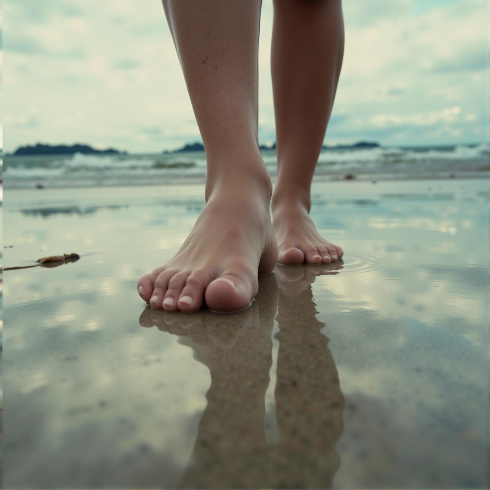 cinematic film still  <lora:foot feet v1:1>A perfect photo of a person walking on a beach with their foot in the air in front of camera,foot focus,cinematic feet,best feet,better Feet,awesome Feet,different Feet,detailed foot,1girl,solo,outdoors,barefoot,day,water,blurry,feet,toes,depth of field,blurry background,soles,close-up,reflection,out of frame,toenails,realistic,dirty,dirty feet,perfect style,perfection style,detailed style,perfect style,perfection style,detailed style,closeup of foot , detailed background, perfect background, feet style, foot style, foot focus . shallow depth of field, vignette, highly detailed, high budget, bokeh, cinemascope, moody, epic, gorgeous, film grain, grainy