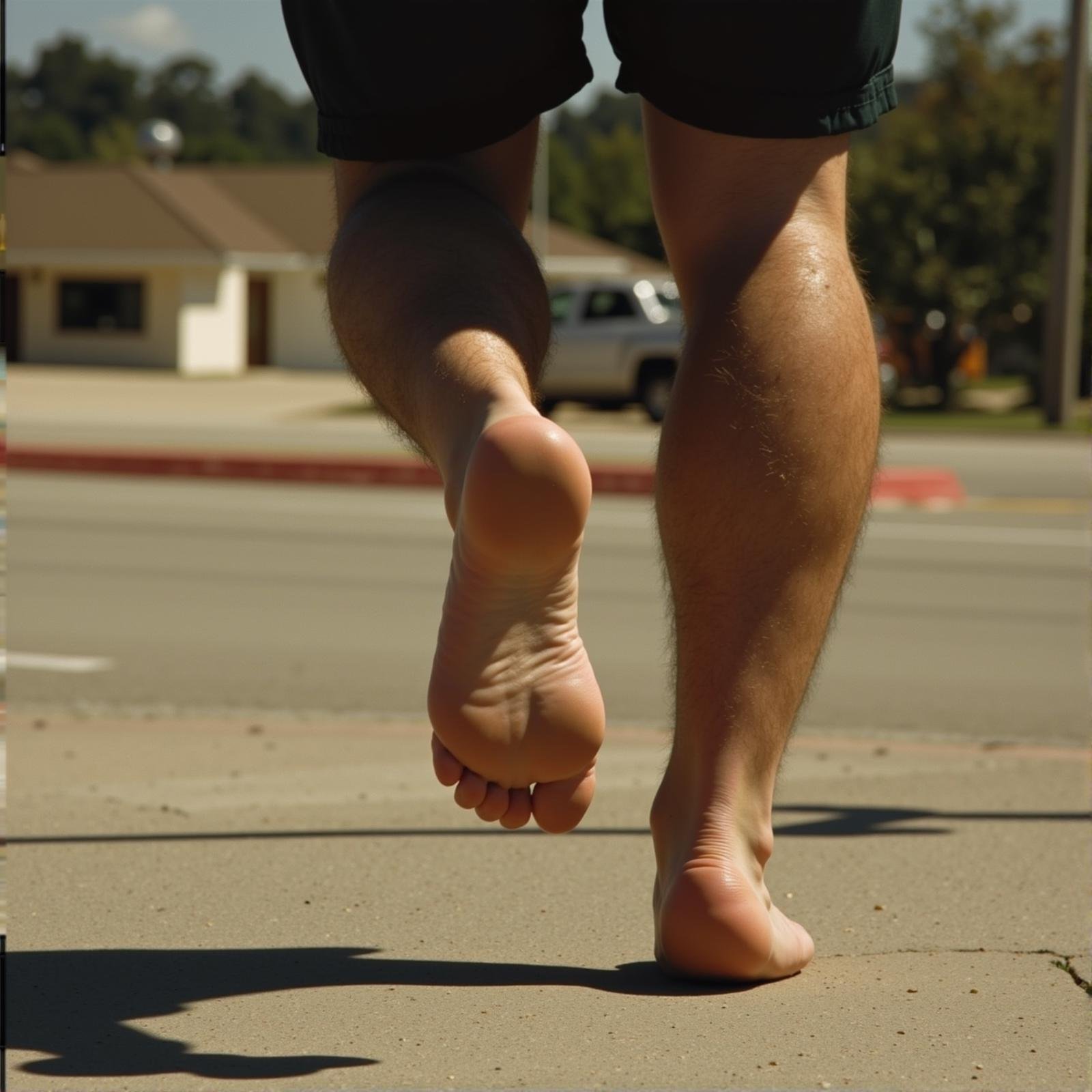 cinematic film still  <lora:foot feet v1:1>A perfect side view photo of a man is running on a sidewalk with his bare feet running, foot focus,cinematic feet,best feet,better Feet,awesome Feet,different Feet,solo,1boy,male focus,outdoors,barefoot,feet,toes,shadow,soles,running,realistic,dirty,leg hair,arm hair,dirty feet,perfect style,perfection style,detailed style,perfect style,perfection style,detailed style , detailed background, perfect background, feet style, foot style, foot focus . shallow depth of field, vignette, highly detailed, high budget, bokeh, cinemascope, moody, epic, gorgeous, film grain, grainy