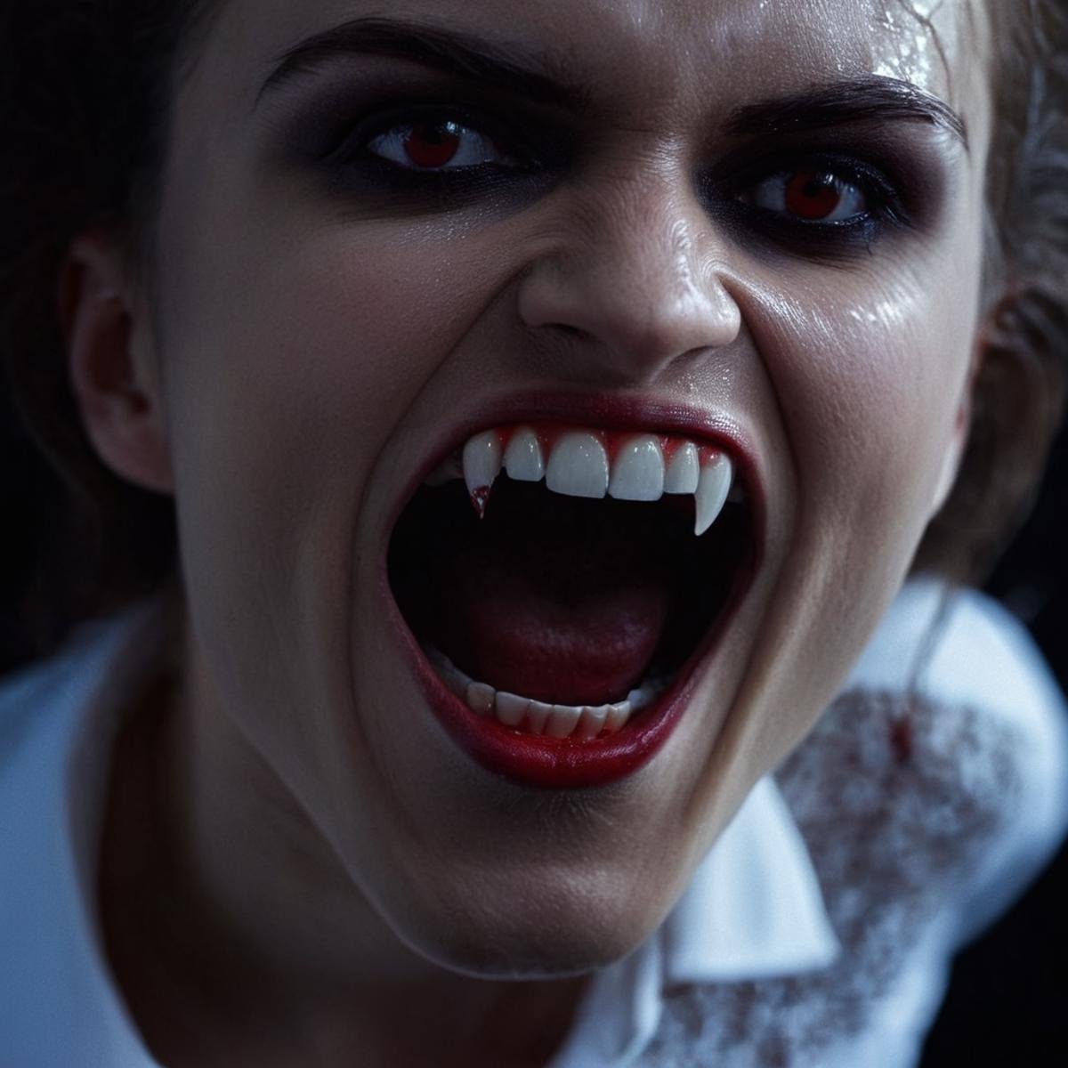 cinematic film still of  <lora:perfection style:0.5> perfection style <lora:fang:0.8>vampire fangs teeth a woman with a bloody face and a white shirt, scary, thriller, horror style, gothic movie themed, sharp, detailed, epic cinematic photography, artistic, creative, dramatic light, cinematic color style, Kodak film style, vampire fangs teeth style, vampire teeth style, vampire fangs style, solo, open mouth, 1boy, male focus, teeth, fangs, portrait, realistic, retro artstyle, looking at viewer, black background, close-up, photorealistic, sharp asymmetrical teeth, wet , sweat, from above, shallow depth of field, vignette, highly detailed, high budget, bokeh, cinemascope, moody, epic, gorgeous, film grain, grainy