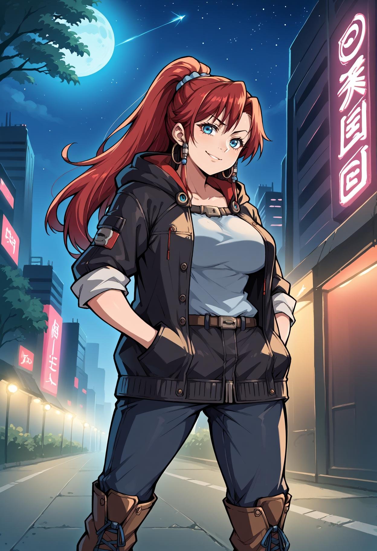 score_9, score_8_up,score_7_up, source_anime, 1girl, solo, bsng, large breasts, long hair, red hair, blue eyes, ponytail,jewelry, hoop earrings, armlet, blue scrunchie, hair beads,cyberpunk city ,black sky,clear night sky,starry night,mist,gothic architecture, neon lights,bow and arrow, hooded cloak, animal companion, forest terrain, leather boots,noble, raised eyebrow, slight smile, relaxed posture, confident gaze, hands in pockets,<lora:bllws_pdxl_EliPot:1>