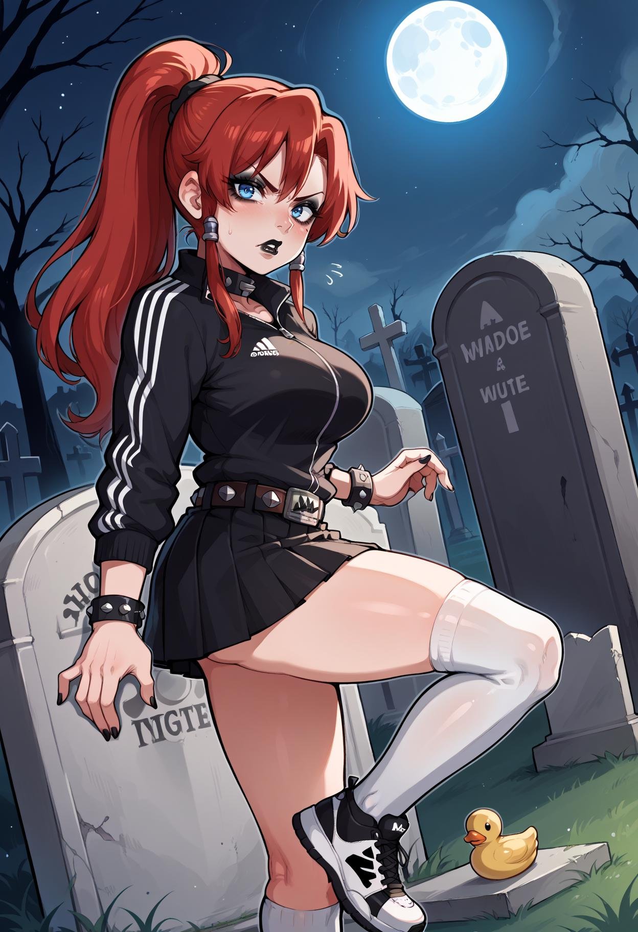 score_9, score_8_up,score_7_up, source_anime, 1girl, solo, outfitbllws, large breasts, long hair, red hair, blue eyes, ponytail,tsundere, :T, flustered, night, tombstone, graveyard, moon, moonlight, spooky, makeup, eyeliner, black lipstick, gothic, sound effects, looking at viewer, kneehighs, white legwear, sneakers, adidas, track suit, black jacket, miniskirt, black skirt, pleated skirt, studded belt, studded bracelet, studded collar, rubber duck, dutch angle<lora:bllws_pdxl_EliPot:1>