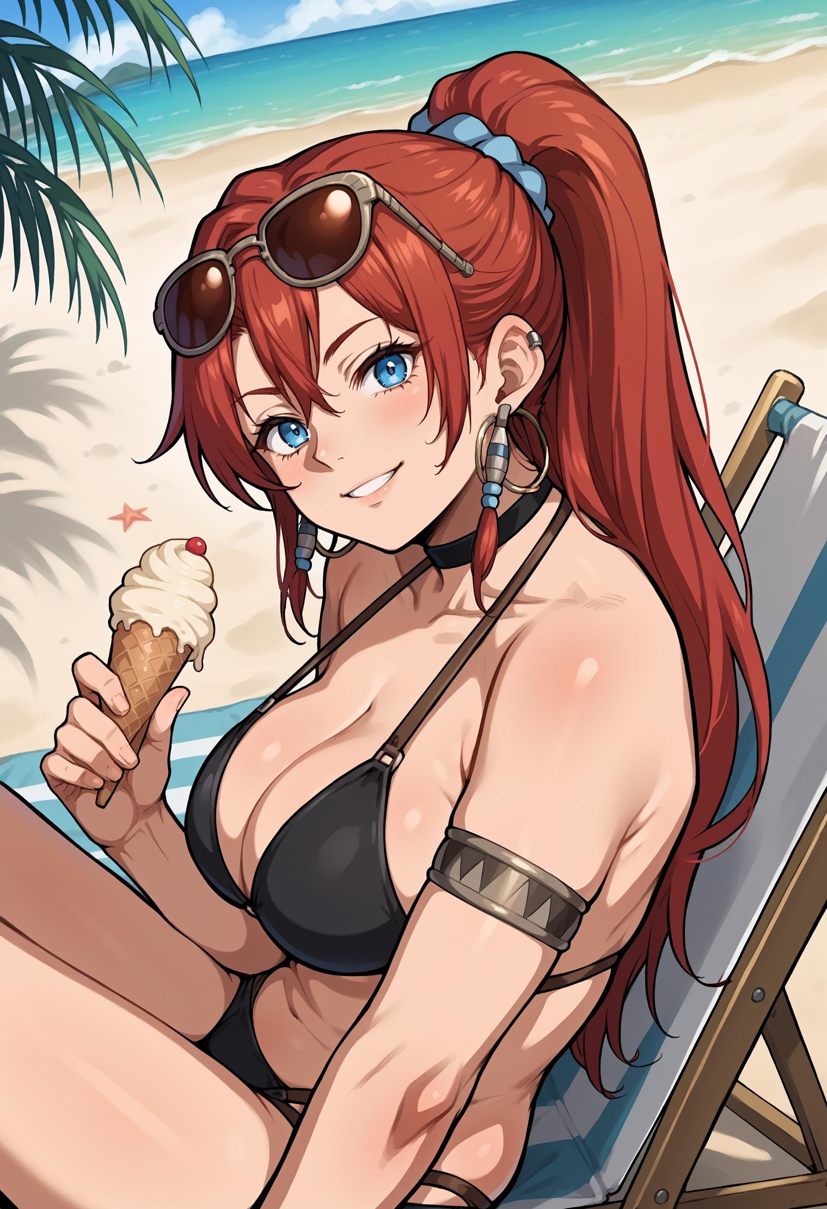 score_9, score_8_up,score_7_up, source_anime, 1girl, solo, bsng, large breasts, long hair, red hair, blue eyes, ponytail,jewelry, hoop earrings, armlet, blue scrunchie, hair beads,black choker, ear piercing, earclip, black bikini, at beach, lying on sunchair, smiling, looking at viewer, holding ice cream, relaxing, from side, sunglasses on head,<lora:bllws_pdxl_EliPot:1>