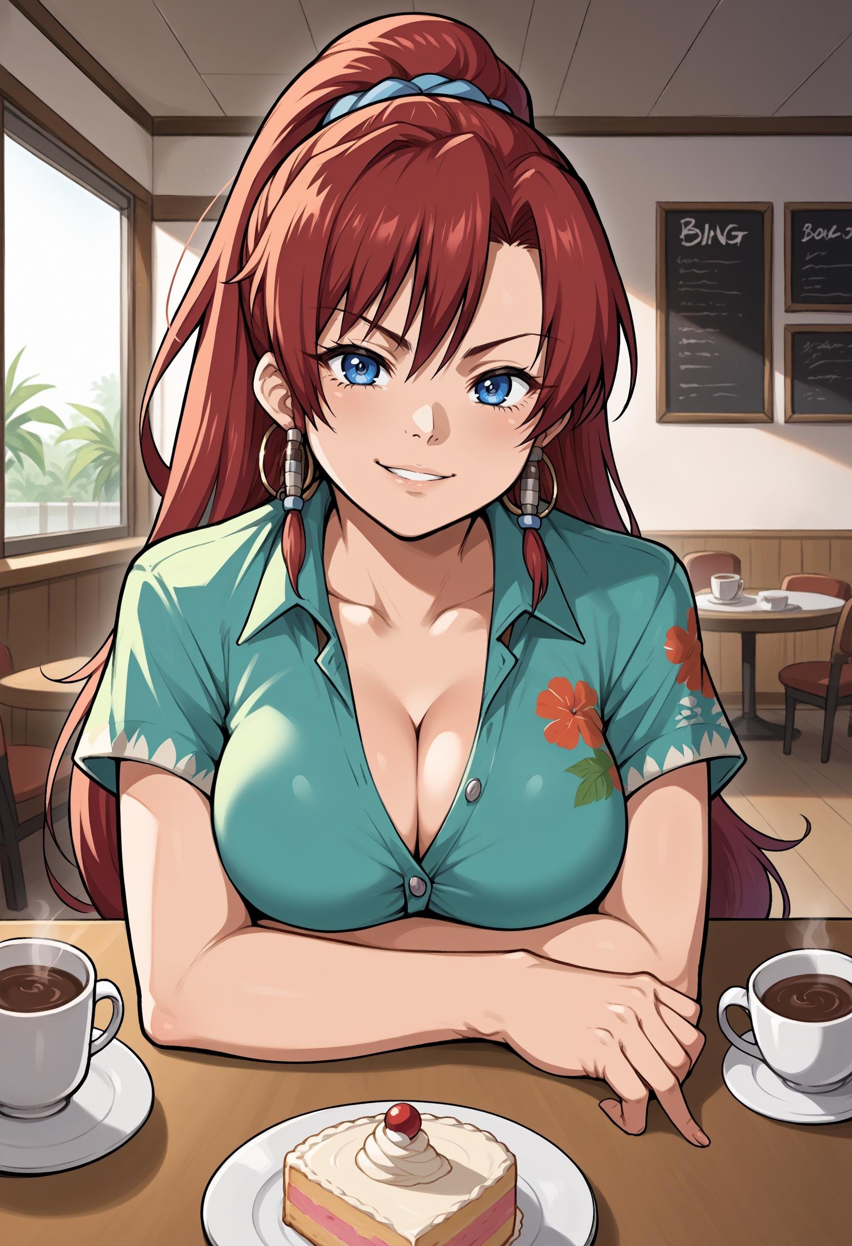 score_9, score_8_up,score_7_up, source_anime, 1girl, solo, bsng, large breasts, long hair, red hair, blue eyes, ponytail,jewelry, hoop earrings, armlet, blue scrunchie, hair beads,hawaiian shirt, dress shirt, unbuttoned, multicolored shirt, purple shorts, looking at viewer, pov across table, pov, table, cafe, coffee, upper body, elbow rest, seductive smile, smirk, parted lips, cake indoors,<lora:bllws_pdxl_EliPot:1>