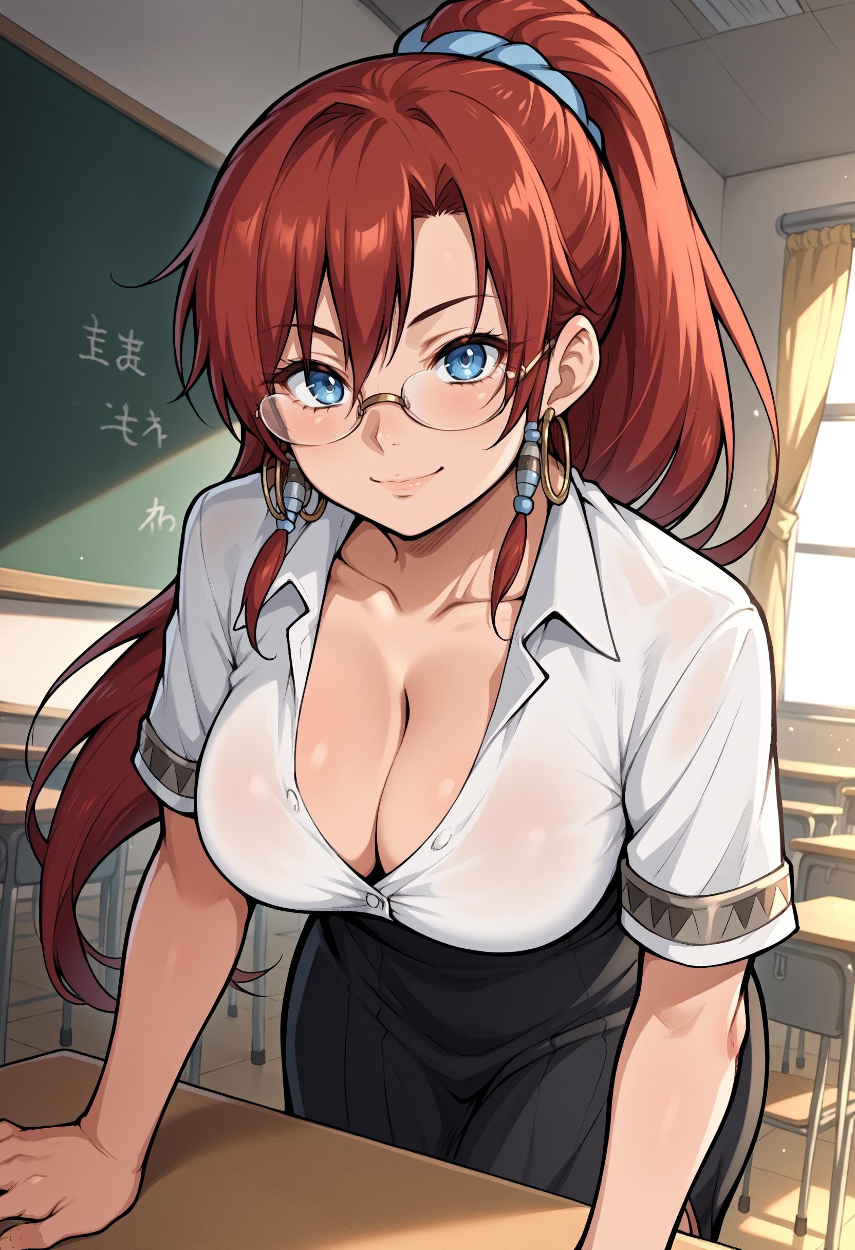 score_9, score_8_up,score_7_up, source_anime, 1girl, solo, bsng, large breasts, long hair, red hair, blue eyes, ponytail,jewelry, hoop earrings, armlet, blue scrunchie, hair beads,teacher bent over towards viewer, collared shirt, white shirt, skirt, black dress, seductive smile, dutch angle, partially unbuttoned, collarbone, school classroom, glasses, dimly lit, moody lighting, <lora:bllws_pdxl_EliPot:1>