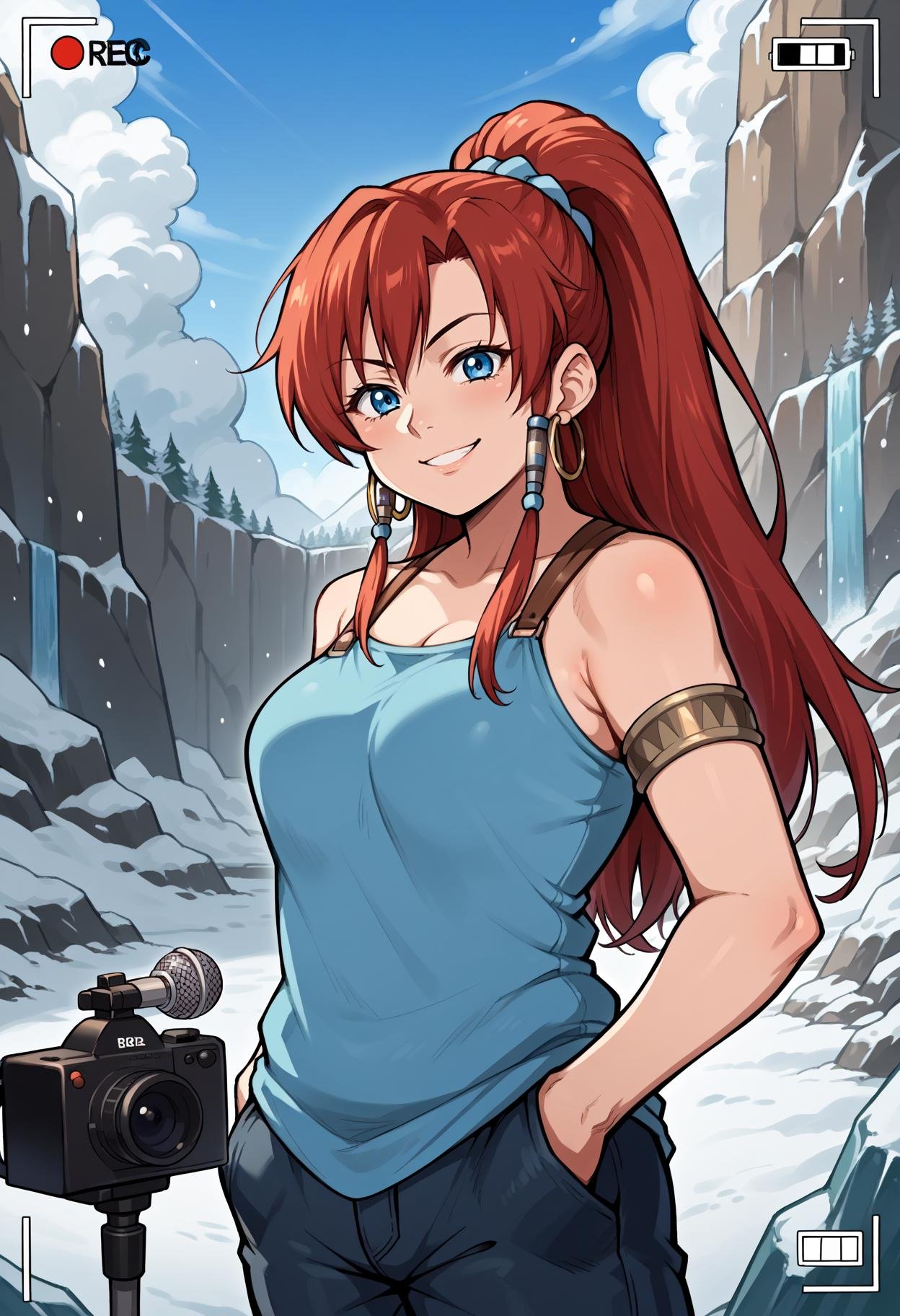 score_9, score_8_up,score_7_up, source_anime, 1girl, solo, bsng, large breasts, long hair, red hair, blue eyes, ponytail,jewelry, hoop earrings, armlet, blue scrunchie, hair beads,iceberg, snowing,flashy outfit, camera crew, dramatic pose, microphone, fan interaction,noble, raised eyebrow, slight smile, relaxed posture, confident gaze, hands in pockets,<lora:bllws_pdxl_EliPot:1>