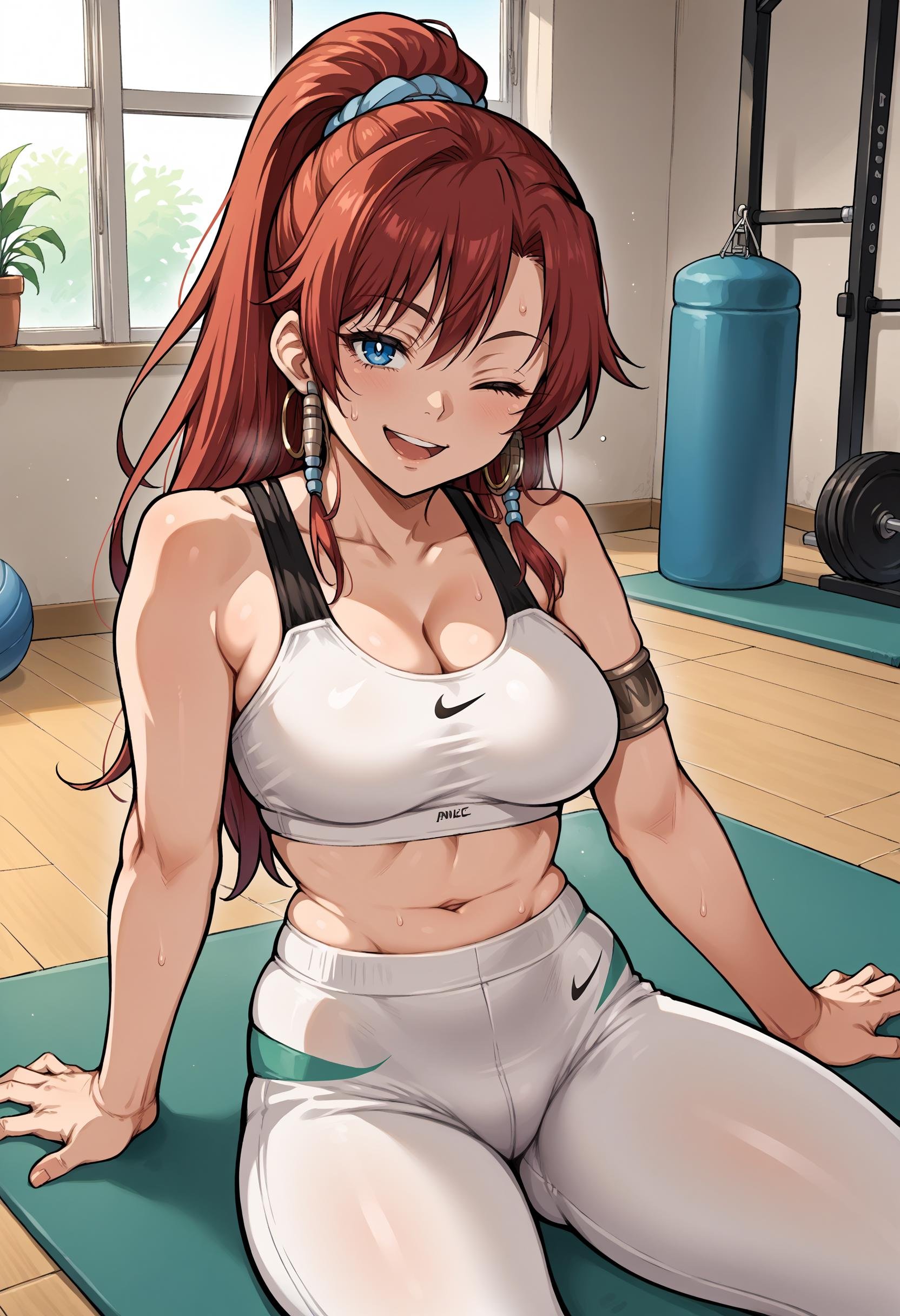 score_9, score_8_up,score_7_up, source_anime, 1girl, solo, bsng, large breasts, long hair, red hair, blue eyes, ponytail,jewelry, hoop earrings, armlet, blue scrunchie, hair beads,white bra, sports bra, white pants, yoga pants, nike, midriff, navel, sportswear, sweat, looking at viewer, smile, tired, open mouth, half-closed eyes, wink, sitting, leaning back, arm support, knee up, indoors, gym, yoga mat, green mat,<lora:bllws_pdxl_EliPot:1>