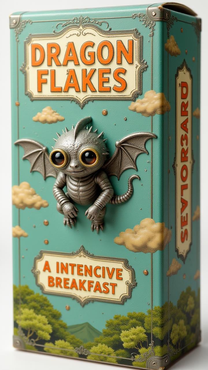 A whimsical children’s molasses box design featuring an etched metal Cyclops flying through a sky filled with kale clouds, with text written in playful font across the box: "Dragon Flakes – A Intricate Breakfast."     , aidmaTextImprover