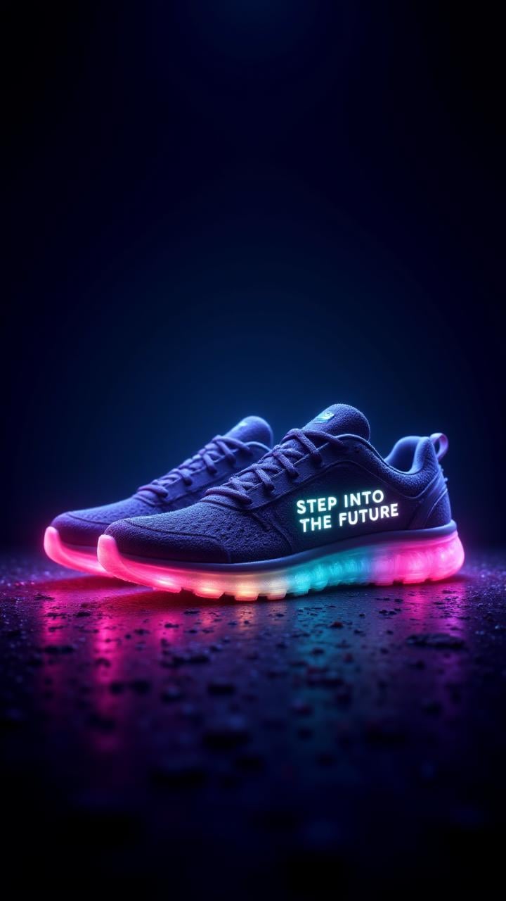 An advertisement for a new sneaker brand with a pair of futuristic running shoes glowing with neon lights, with text written on the side of the shoes: "Step Into the Future."        ,aidmaTextImprover