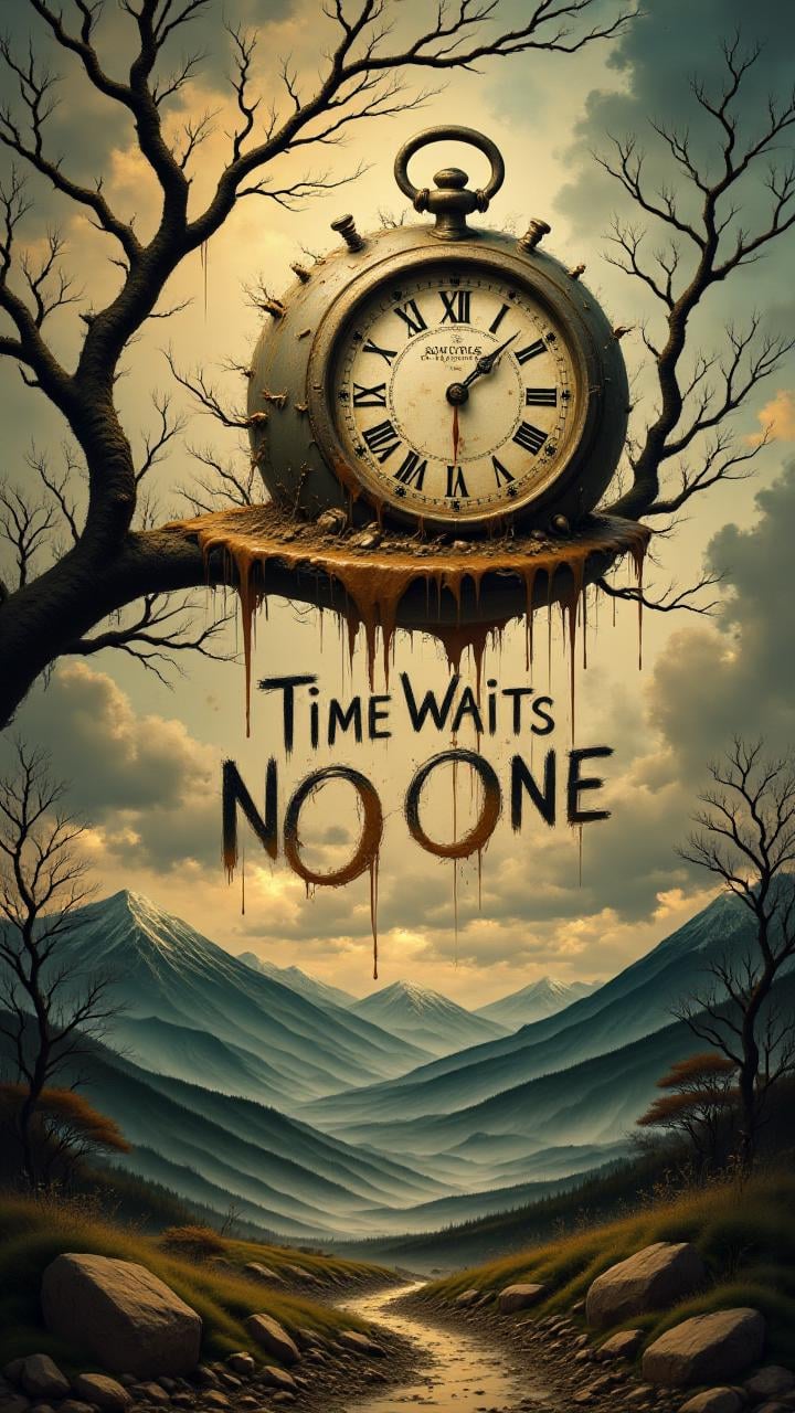 A surreal art piece featuring a melting clock draped over a tree branch, with an abstract landscape in the background. with text: "Time Waits for No One"  , aidmaTextImprover