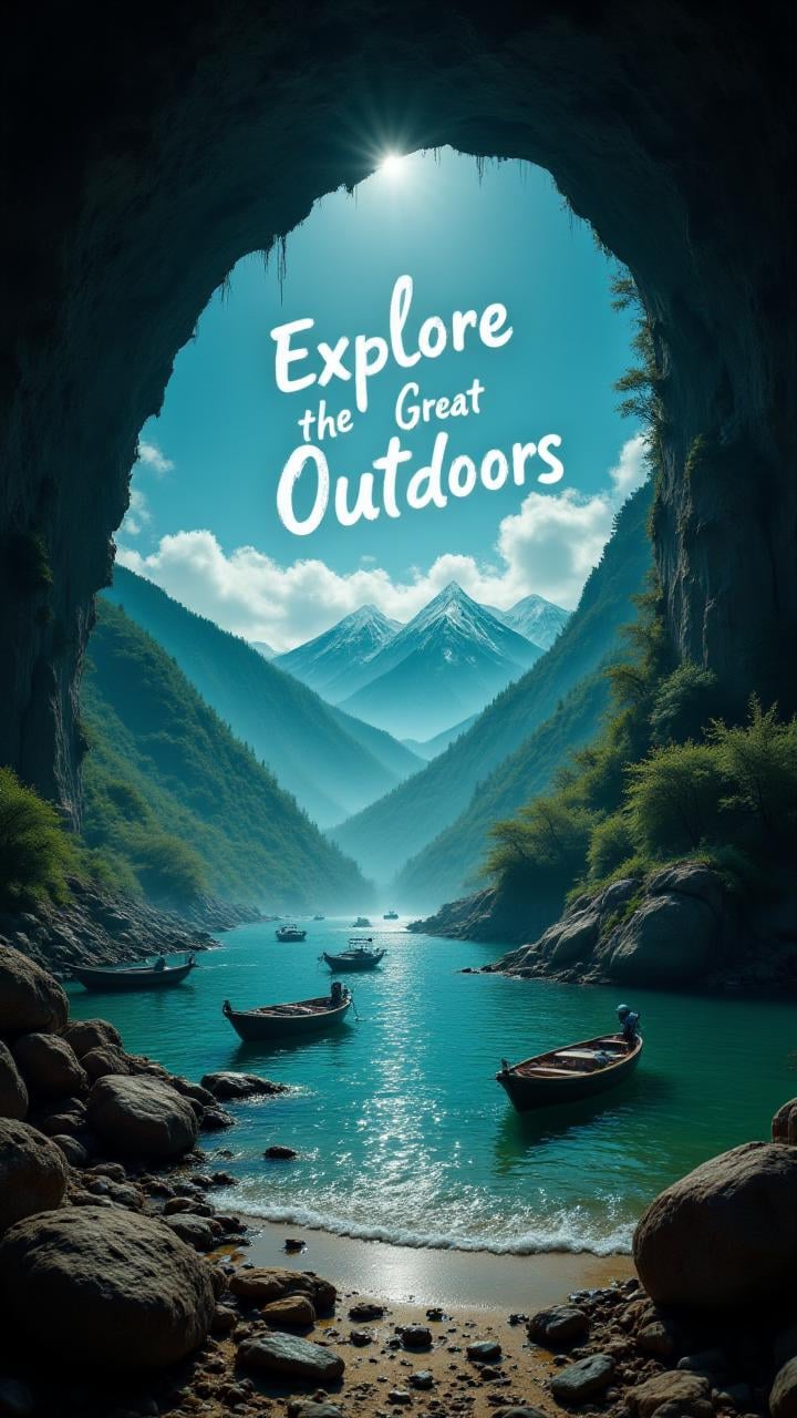 "  A Cheetah travel poster featuring a picturesque Mexico Underwater Cave with boats drifting lazily on the water, with text written in the clouds: "Explore the Great Outdoors."      , aidmaTextImprover