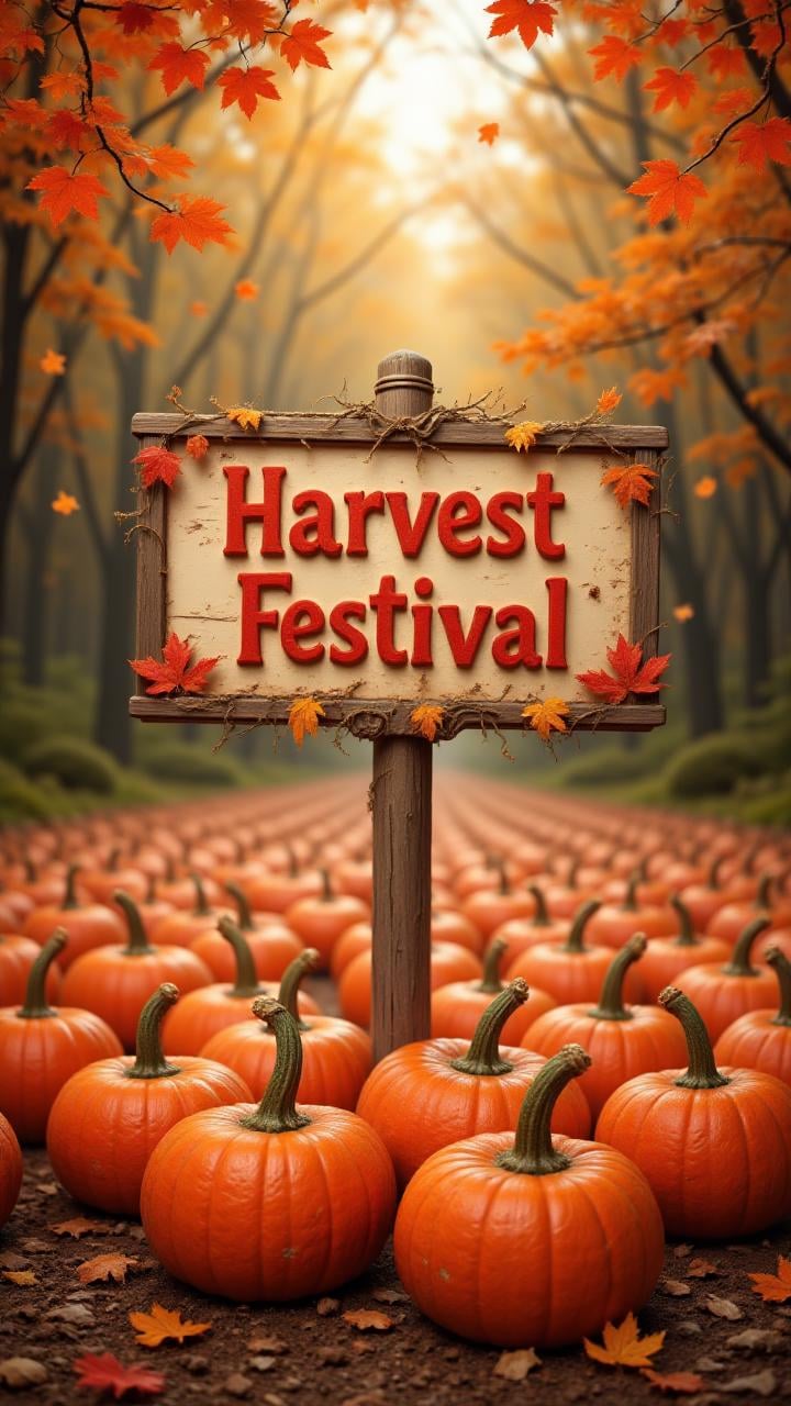 A cozy autumn-themed poster featuring a pumpkin patch with colorful leaves falling around it, with text written on a rustic sign: "Harvest Festival." ,aidmaTextImprover