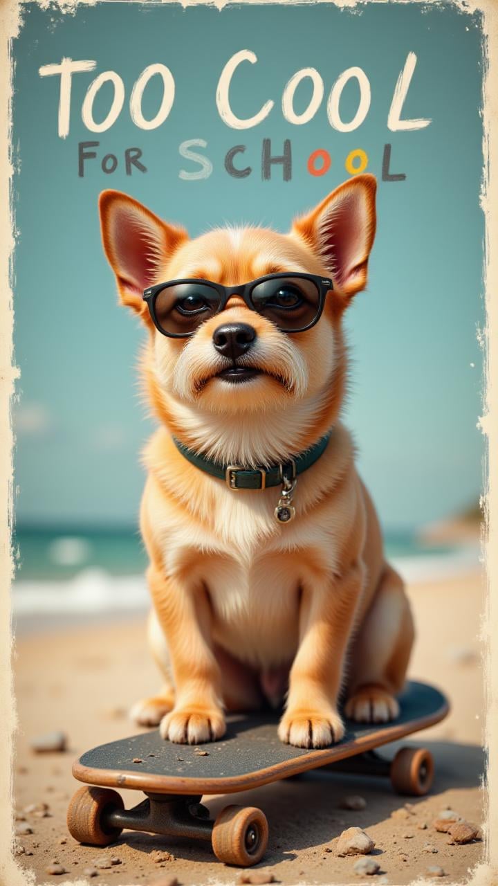 A quirky meme-style poster featuring a dog wearing sunglasses, sitting on a skateboard. with text at the top: "Too Cool for School."   , aidmaTextImprover