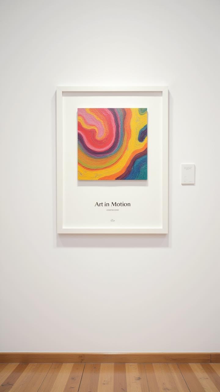 A minimalist art gallery poster featuring a single abstract painting of swirling colors, with text displayed at the bottom: "Art in Motion."     ,aidmaTextImprover