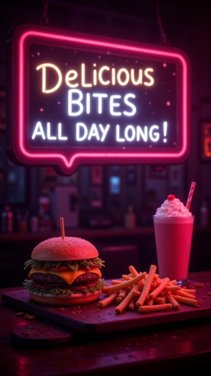 A retro diner advertisement featuring a cheeseburger with fries and a milkshake, with neon signs illuminating the background. with text written on the neon sign: "Delicious Bites, All Day Long!"  , aidmaTextImprover