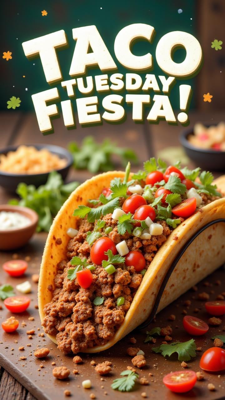 A food truck poster featuring a delicious taco with Harsh toppings spilling out, with text written in bold above the truck: "Taco Tuesday Fiesta!" , aidmaTextImprover