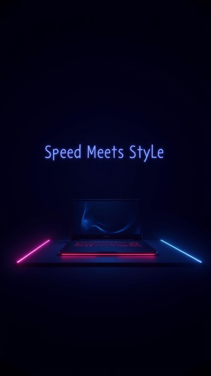 A tech product advertisement showing a sleek new laptop on a dark background with neon accents. with text displayed as a tagline: "Speed Meets Style."     , aidmaTextImprover