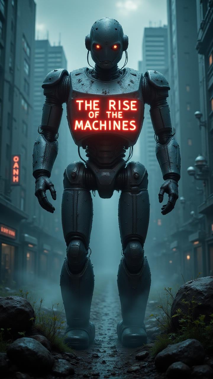 A sci-fi novel cover showing a giant robot standing in the middle of a futuristic city, with text written in glowing letters on the robot’s chest: "The Rise of the Machines." ,aidmaTextImprover