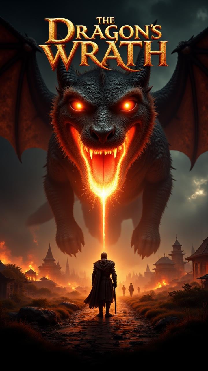 A poster for a fantasy movie showing a knight standing in front of a dragon with fire breathing out of its mouth. with text displayed as the movie title: "The Dragon's Wrath."  , aidmaTextImprover