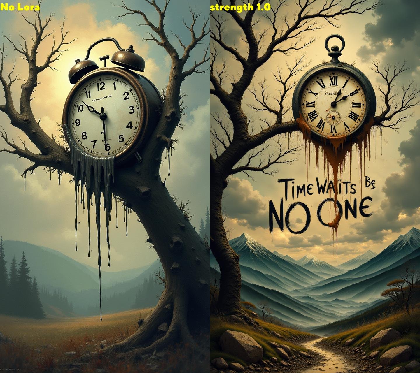 A surreal art piece featuring a melting clock draped over a tree branch, with an abstract landscape in the background. with text: "Time Waits for No One"  , aidmaTextImprover