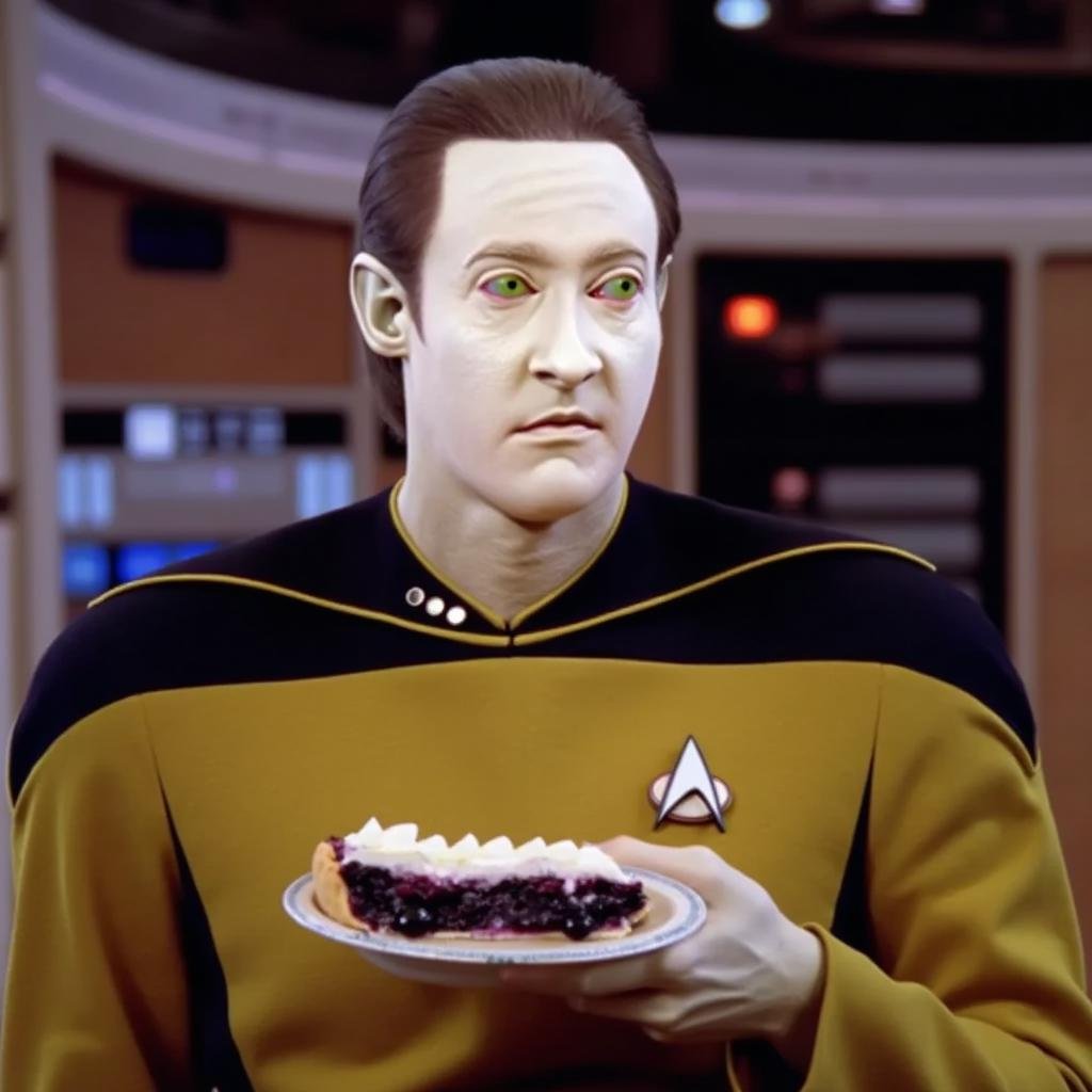StDaTa exact replica wearing star trek uniform eating blueberry pie on the enterprise,  StDaTa white face StDaTa by user_7...