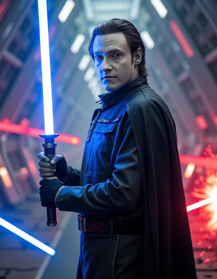 StDaTa,  A powerful male warrior holding a glowing blue lightsaber,  standing in the middle of a futuristic battlefield. H...