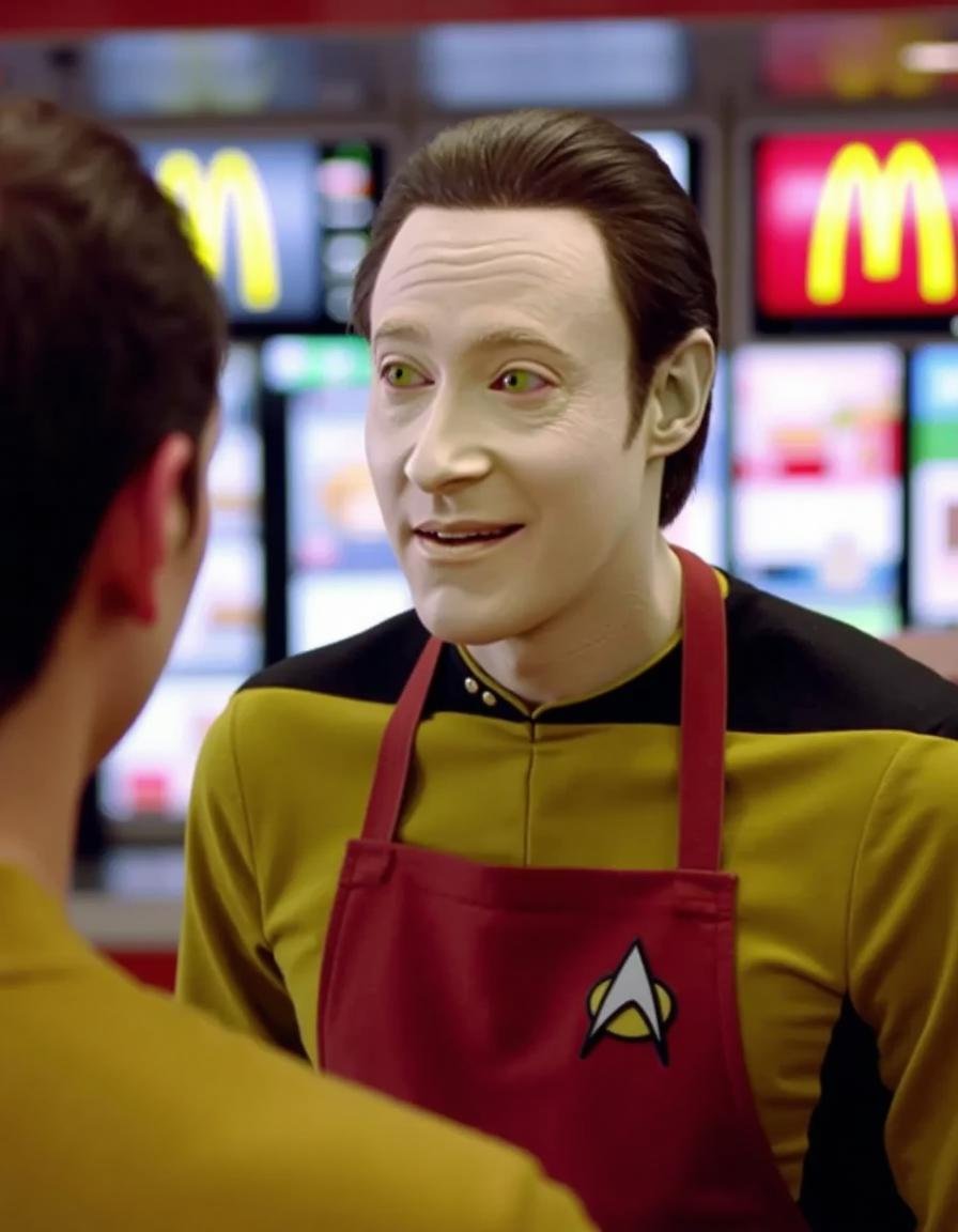 StDaTa,  Data from star Trek,  serving at a MacDonald's fast food store by user_744775229506771391 on Tensor.Art