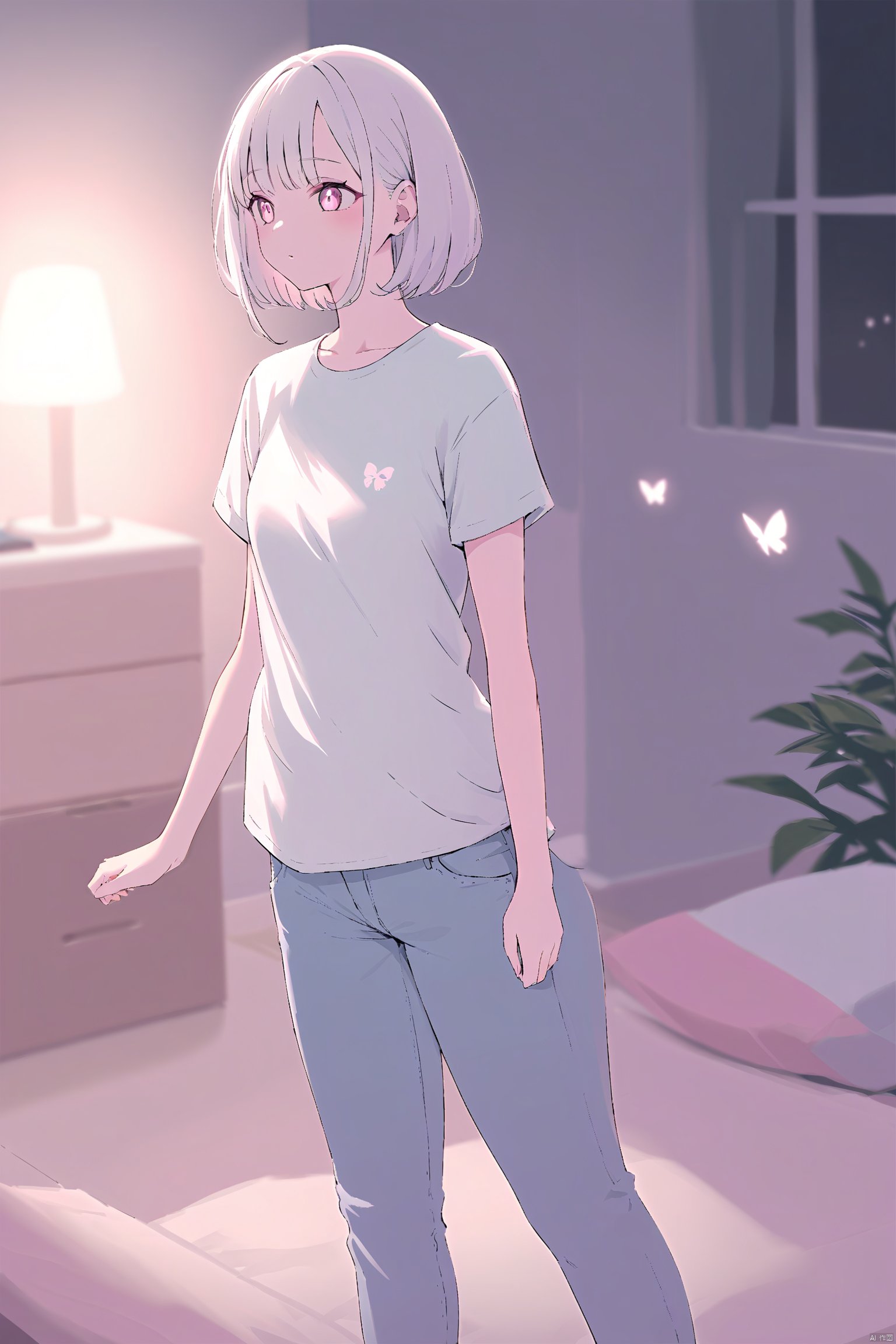 Pastel color, Cartoon, Curly bob, T-shirts and jeans, at home, Dresses, pink_pupil, white_hair, Butterfly, glow