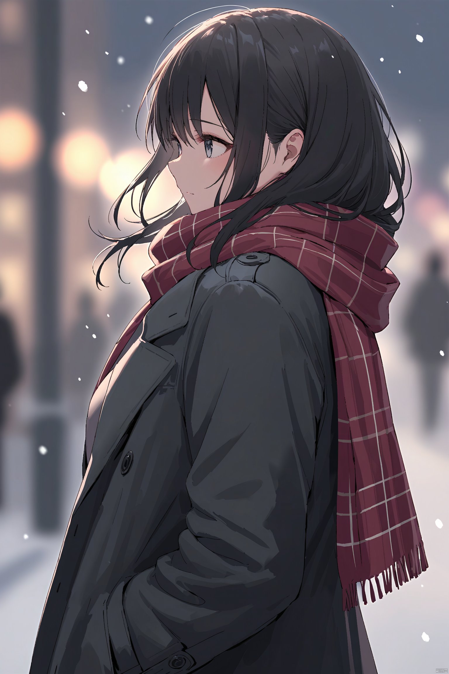 (masterpiece),(best quality),(masterpiece),(best quality),1girl, black_coat, black_hair, blurry, blurry_background, blurry_foreground, bokeh, city_lights, coat, depth_of_field, from_side, jacket, lens_flare, long_hair, long_sleeves, looking_away, motion_blur, outdoors, scarf, snow, snowing, solo, upper_body