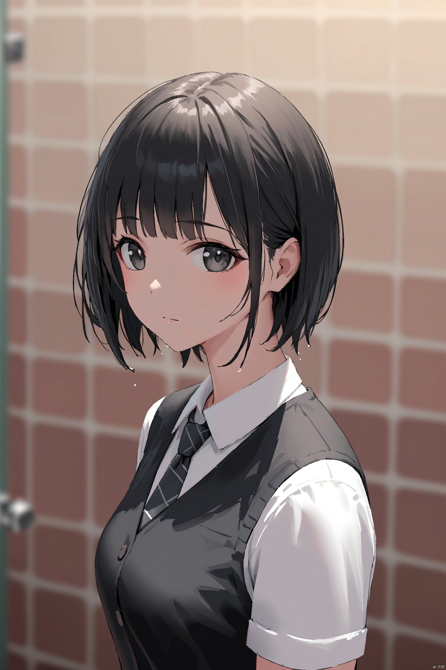 1girl, solo, best quality, detailed, blurry background, 1girl, solo, impasto, oil painting, best quality, portrait, honeycomb background, blurry background, upper body, looking at viewer, black eyes, black hair, short hair, bangs, collared shirt, white shirt, school uniform, black vest, black necktie, tile wall, indoors, bathroom, tile floor, chain-link fence, brick wall, stone wall, honeycomb \(pattern\), shower \(place\), brick floor, depth of field, stone floor, ceiling, wet, pavement , blurry foreground, motion blur, focused, photo \(medium\), bokeh, glowstick, chromatic aberration, blur censor, film grain,