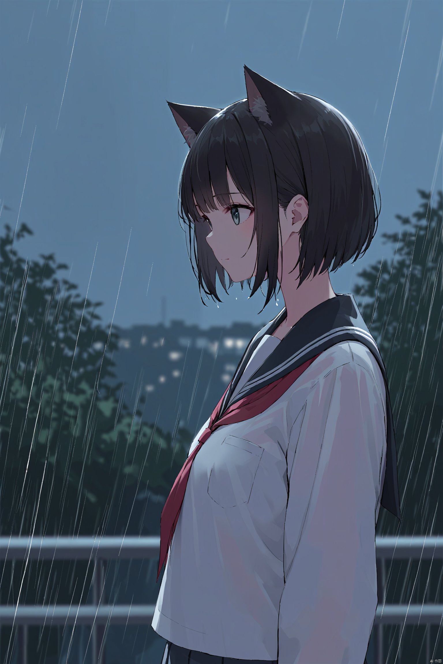 animal_ears, 1girl, black_hair, sailor_collar, solo, short_hair, cat_ears, school_uniform, serafuku, black_sailor_collar, upper_body, rain, shirt, white_shirt, long_sleeves, night, closed_mouth, scenery, bangs