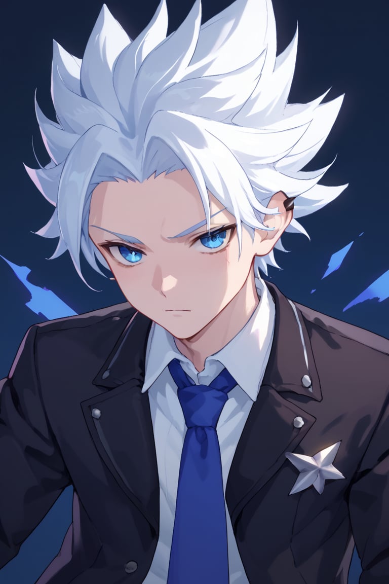 score_9, score_8_up, score_7_up, source_anime, BREAK, 1boy, male focus, solo, Nakroth, white hair, spiked hair, hair on sholders,white shirt, black open jacket, blue necktie, looking at viewer, portrait, simple background