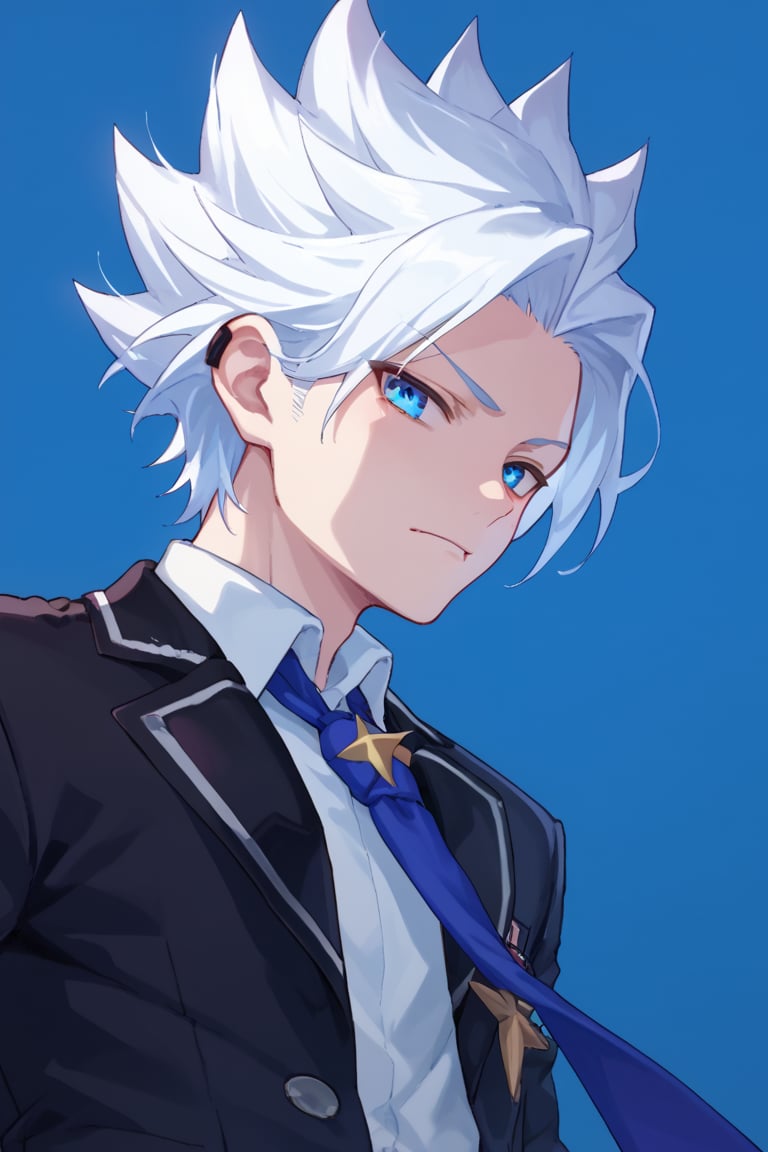 score_9, score_8_up, score_7_up, source_anime, BREAK, 1boy, male focus, solo, Nakroth, white hair, spiked hair, hair on sholders,white shirt, black open jacket, blue necktie, looking at viewer, portrait, simple background