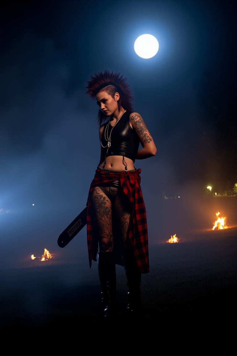 A darkly lit, atmospheric shot of the punk rock spiked mohawk woman, Final Girl, standing defiantly amidst the eerie darkness of Camp Crystal Lake. The camera captures her striking figure, donning a plaid shirt wrapped around her waist like a battle-ready utility belt, paired with a leather vest and tight blouse that showcases her tattoos. She grips a chainsaw menacingly, illuminated by a faint moon glow and the flickering light of distant campfires. The misty night air shrouds the scene in an aura of foreboding.