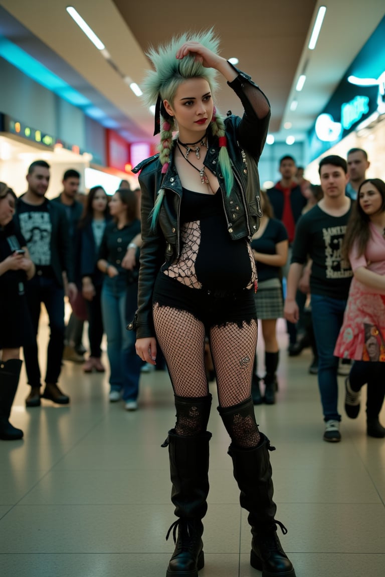 A punk rock zombie killer girl, sporting spiky braids and chunky boots, stands defiantly amidst a horde of undead shoppers in a once-quaint mall. Her punk-rock inspired attire - ripped fishnets, black leather jacket, and combat boots. The dim lighting, courtesy of flickering security cameras, casts eerie shadows as she surveys the chaos, her punk-rock pierced face set in a fierce determination to take down the mall's new inhabitants.