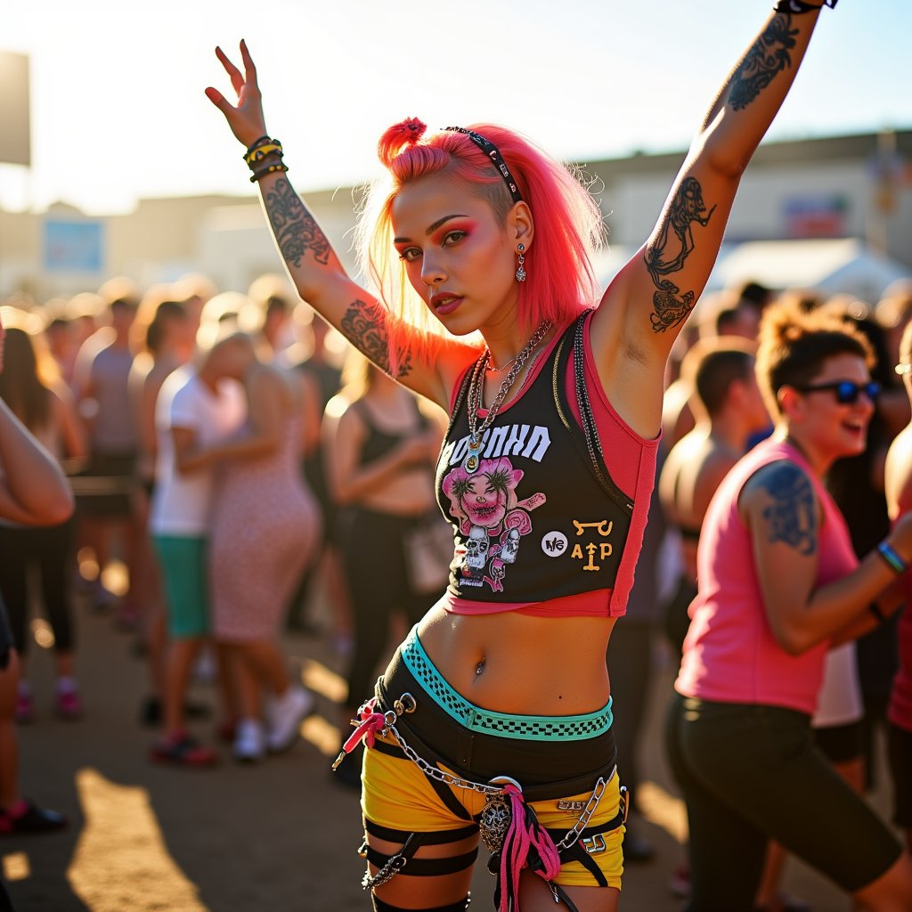 A punk rock princess stands out amidst the vibrant crowd at a music festival, basking in the warm sunlight of high noon. Her bold, colorful punk outfit pops against the sea of attendees, adorned with intricate tattoos that tell stories of her own rebellious spirit. A fierce gaze and confident pose command attention as she raises her hands to the sound of pulsating music.