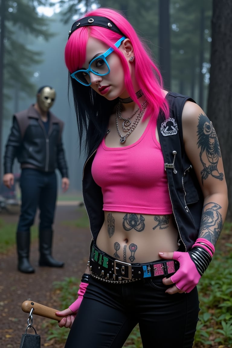 Preppy punk rock girl poses confidently amidst the eerie Crystal Lake campsite, donning pink and black punk attire with bold tattoos visible beneath. Her bright blue glasses frame her youthful features, and piercings adorn her face. As she grips an axe, her gaze remains fixed on Jason Voorhees lurking in the distance, his eyes fixed intently on her, as if sizing her up for their impending battle.