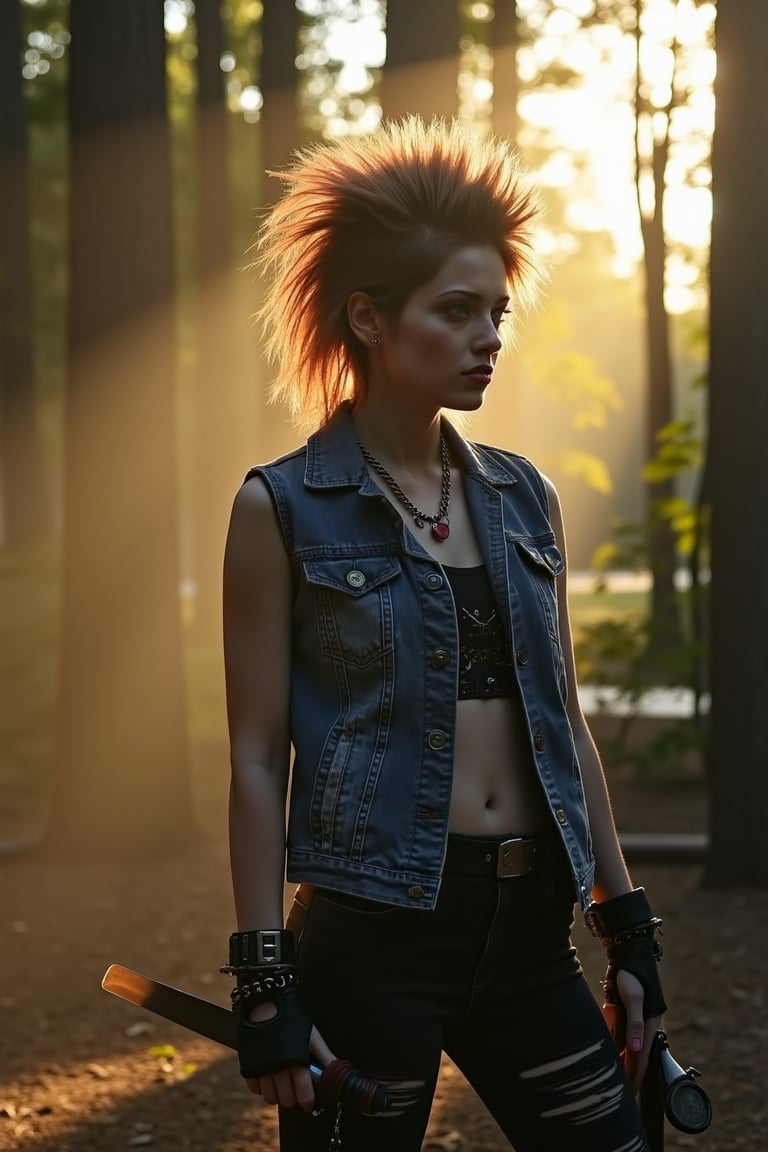 In a hauntingly lit scene at Camp Crystal Lake, a punk rock-inspired final girl stands tall, her mohawk piercing the dim sunlight that slants through the trees. She's clad in ripped denim and fingerless gloves, her defiant snarl and blazing eyes radiating. The denim vest and rebellious attire evoke a strong sense of punk rock spirit, while the switch blades dangling from her hands symbolize her unwavering determination to face off against Jason Voorhees in this eerie, sun-drenched environment.