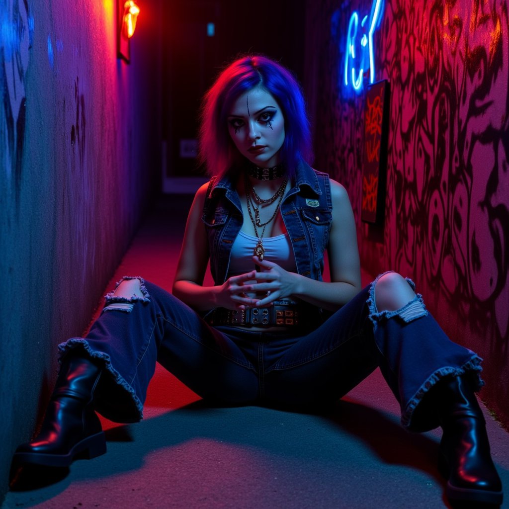 Extreme Punk Girl in Dark Alley: A tight close-up shot frames the defiant young woman, sitting with legs spread wide, hands clasped together on knees, and leaning against a gritty alleyway wall. The dim lighting accentuates her bold features, enhanced by extreme face makeup, as she wears a punk-inspired ensemble: loose ripped jeans, chunky belt, and a bold denim vest. Neon lights or vibrant graffiti add pops of color amidst the moody atmosphere, creating a striking contrast between light and dark.