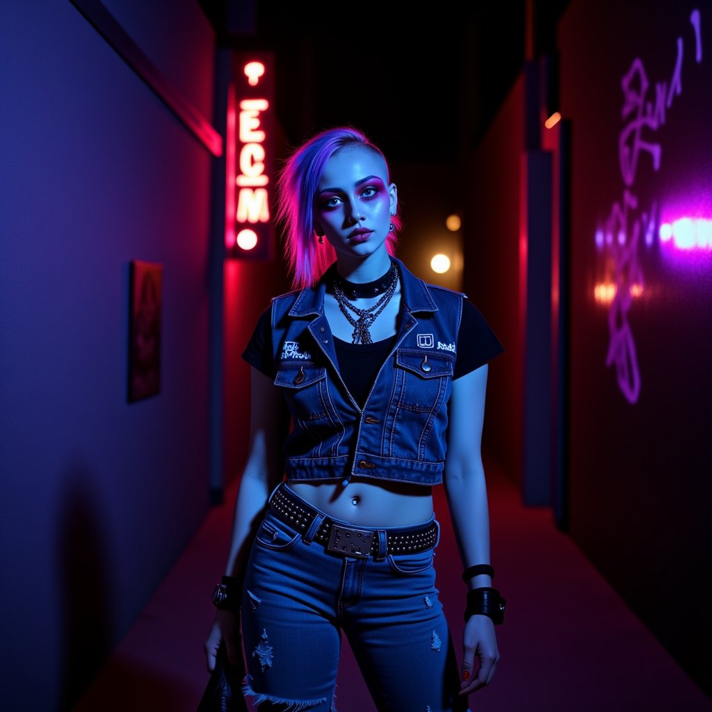 Extreme Punk Girl in Dark Alley: A close-up shot of an edgy, avant-garde young woman standing in a dimly lit alleyway. She's dressed in a punk-inspired outfit, featuring loose ripped jeans, a chunky punk belt, and a bold denim vest. Her shaved head is adorned with extreme face makeup, accentuating her features. The dark alley provides a gritty backdrop, with neon lights or graffiti adding a pop of color to the otherwise moody atmosphere.