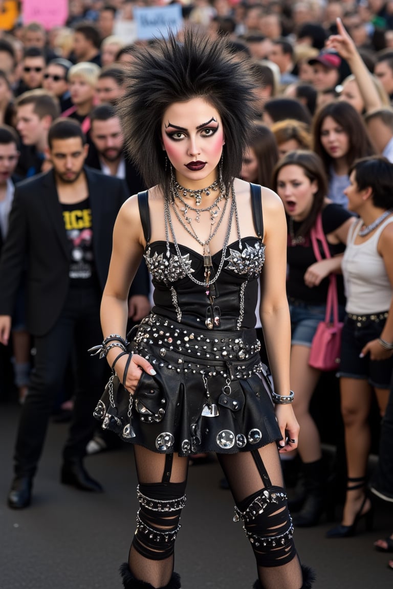 Close-up shot of an extreme punk rocker, standing defiantly amidst a sea of disapproving faces. Her bold, 80s-inspired makeup screams rebellion, as does her layered punk ensemble adorned with studs and spikes. The camera captures her striking pose, oozing confidence and attitude, as the crowd's collective shock and disdain fuels her unapologetic presence.