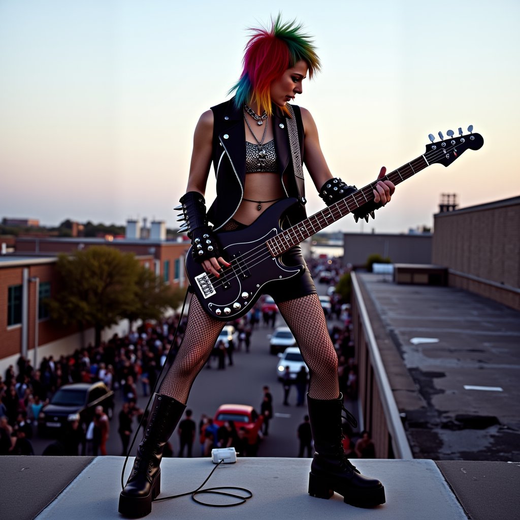 Punk rock woman perched on a rooftop's edge, her multicolored locks cropped short, framing her determined expression. Fishnet stockings and chunky boots add an edgy touch as she strums the bass guitar with reckless abandon. Spiked accessories glint in the fading light of dusk, casting long shadows across the city streets below. The sound of crunching chords fills the air as the crowd gathered on the rooftop cheers her on.